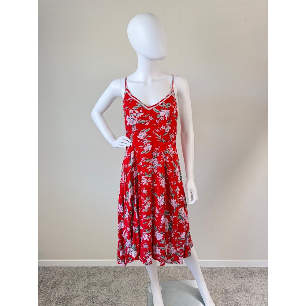 Lulus Red Floral V-Neck Midi Dress with Sheer‎ Trim Size Medium High Leg Slit